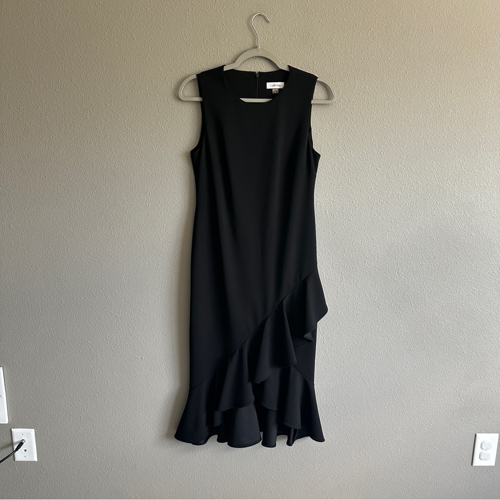 Calvin Klein Black Fitted Ruffle Bottom Midi Dress 6